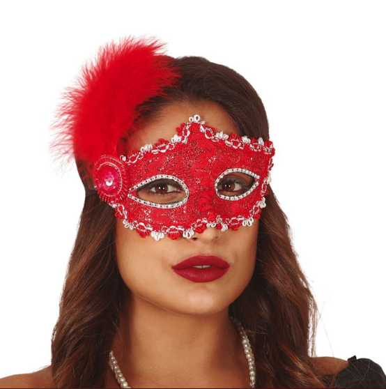 Yandan Tüylü Kırmızı Renk Dantelli Venedik Yılbaşı Parti Maskesi (CLZ)