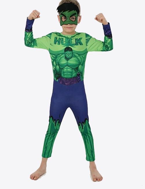 Yeşil Maskeli Baskılı Hulk Kostümü Çocuk Boy - Yeşil Dev Kostümü 11-12 Yaş (CLZ)