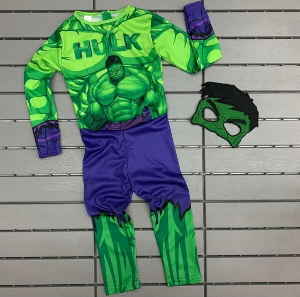 Yeşil Maskeli Baskılı Hulk Kostümü Çocuk Boy - Yeşil Dev Kostümü 5-6 Yaş  (CLZ)