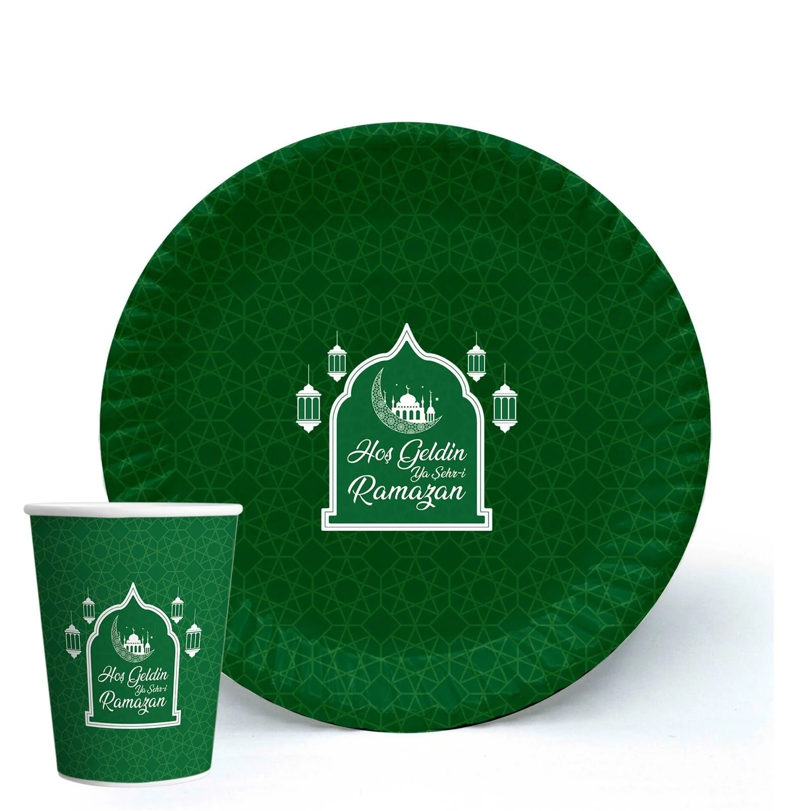 Yeşil Renk Hoşgeldin Ya Şehr-i Ramazan Yazılı Tabak ve Bardak Seti 16 Adet (CLZ)
