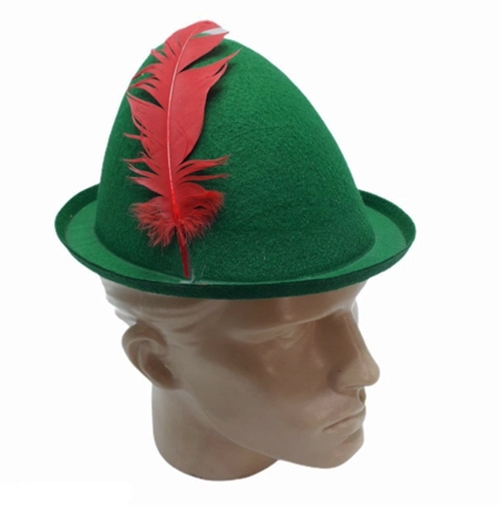 Yeşil Renk Kırmızı Tüylü Peter Pan Şapkası Robin Hood Şapkası 24X23 cm (CLZ)