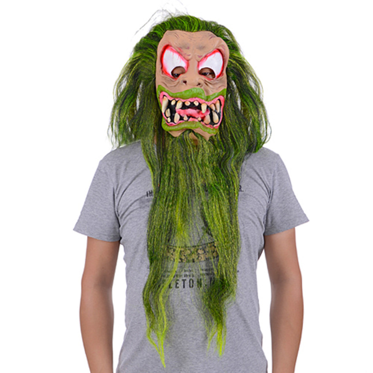 Yeşil Saçlı Sakallı Bıyıklı Lateks Dişli Korku Hayalet Maskesi (CLZ)