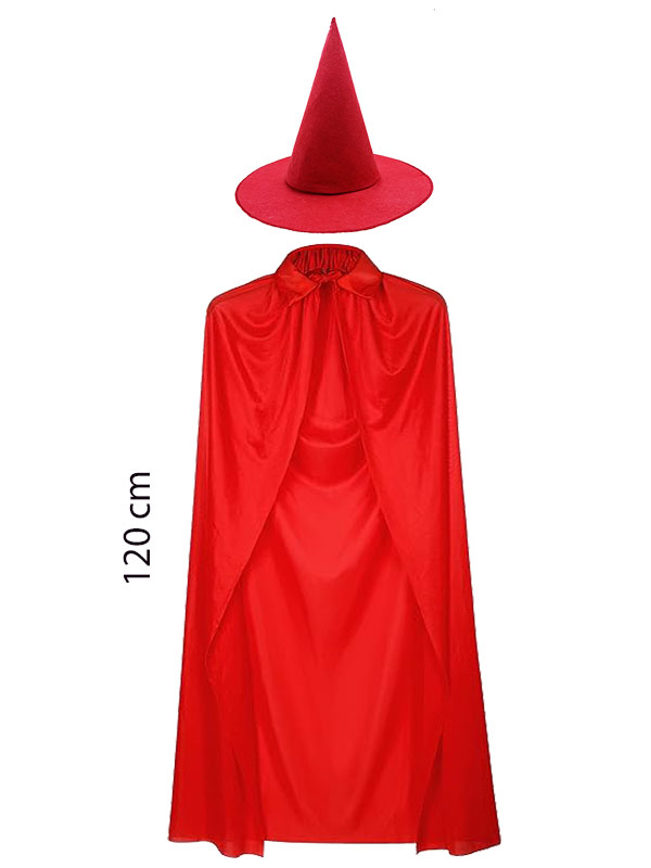 Yetişkin Boy 120 cm Kırmızı Yakalı Pelerin ve Kırmızı Cadı Şapkası (CLZ)