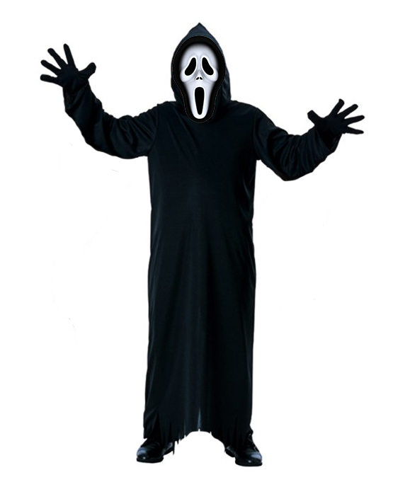 Yetişkin Boy Kapşonlu Siyah Çığlık Kostümü ve Çığlık Maskesi Seti (CLZ)
