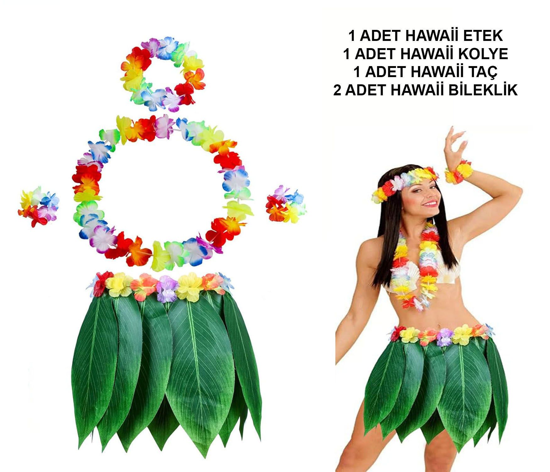 Yetişkin Hawaii Kostüm Seti - Yaprak Etek & Hawaii Set - 5 Parça Yetişkin Hawaii Kostüm Seti - Yaprak Etek & Hawaii Set - 5 Parça