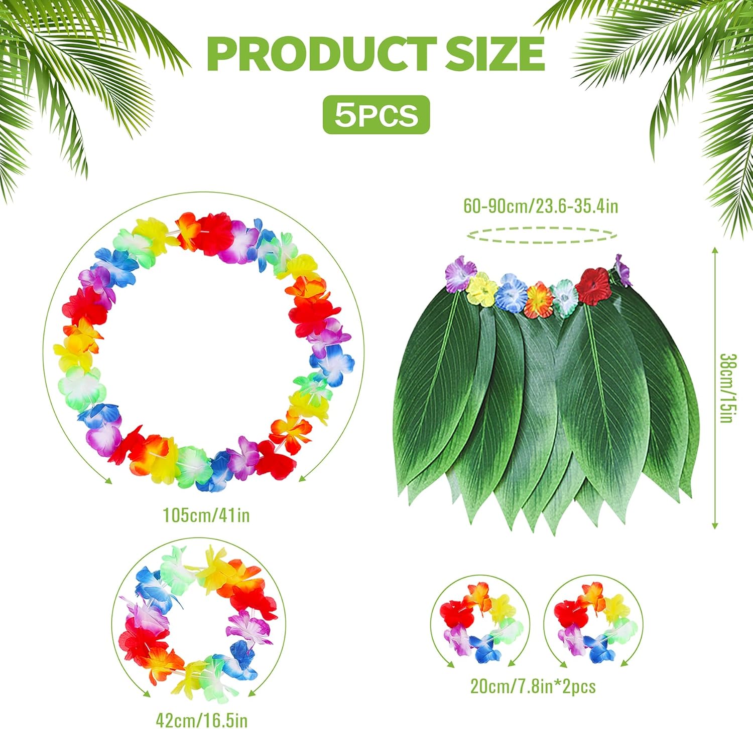 Yetişkin Hawaii Kostüm Seti - Yaprak Etek & Hawaii Set - 5 Parça Yetişkin Hawaii Kostüm Seti - Yaprak Etek & Hawaii Set - 5 Parça