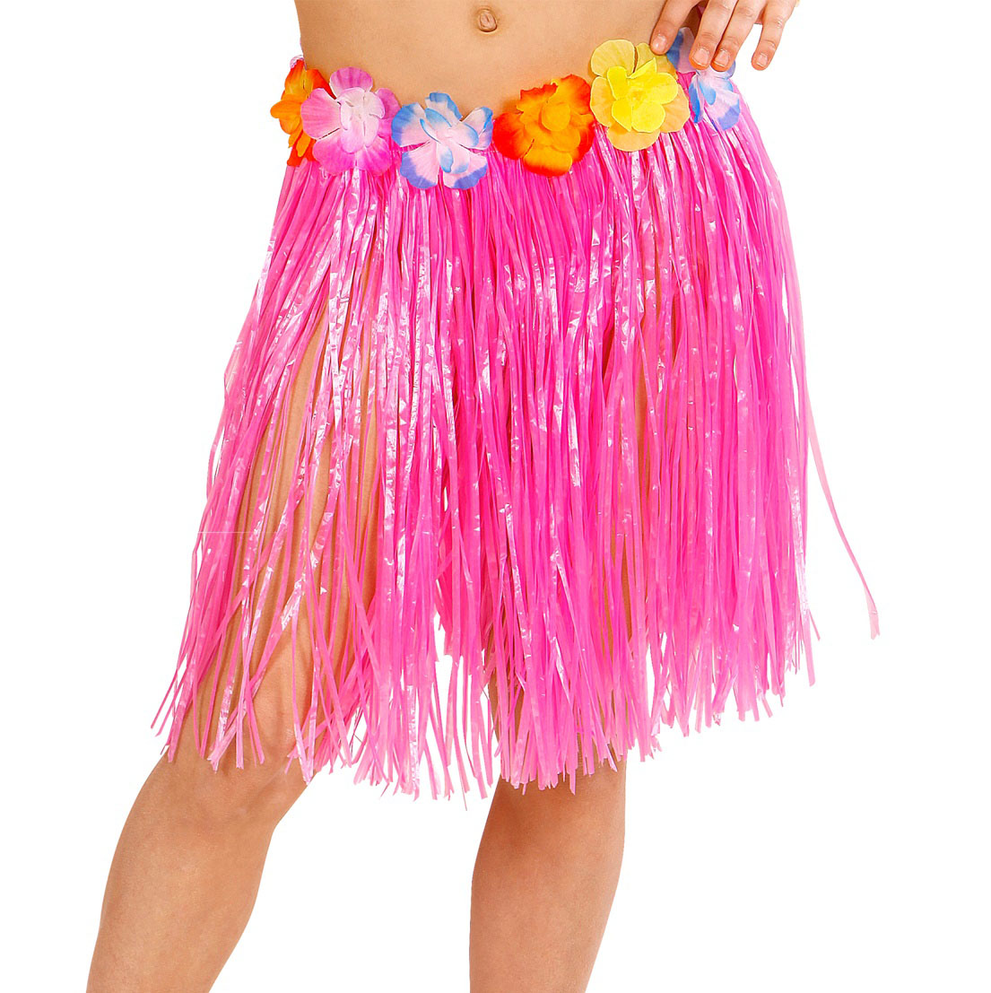 Yetişkin ve Çocuk Uyumlu Pembe Renk Püsküllü Hawaii Luau Hula Etek 40 cm (CLZ)