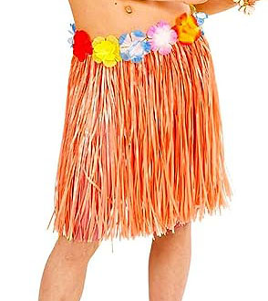 Yetişkin ve Çocuk Uyumlu Turuncu Renk Püsküllü Hawaii Luau Hula Etek 40 cm (CLZ)