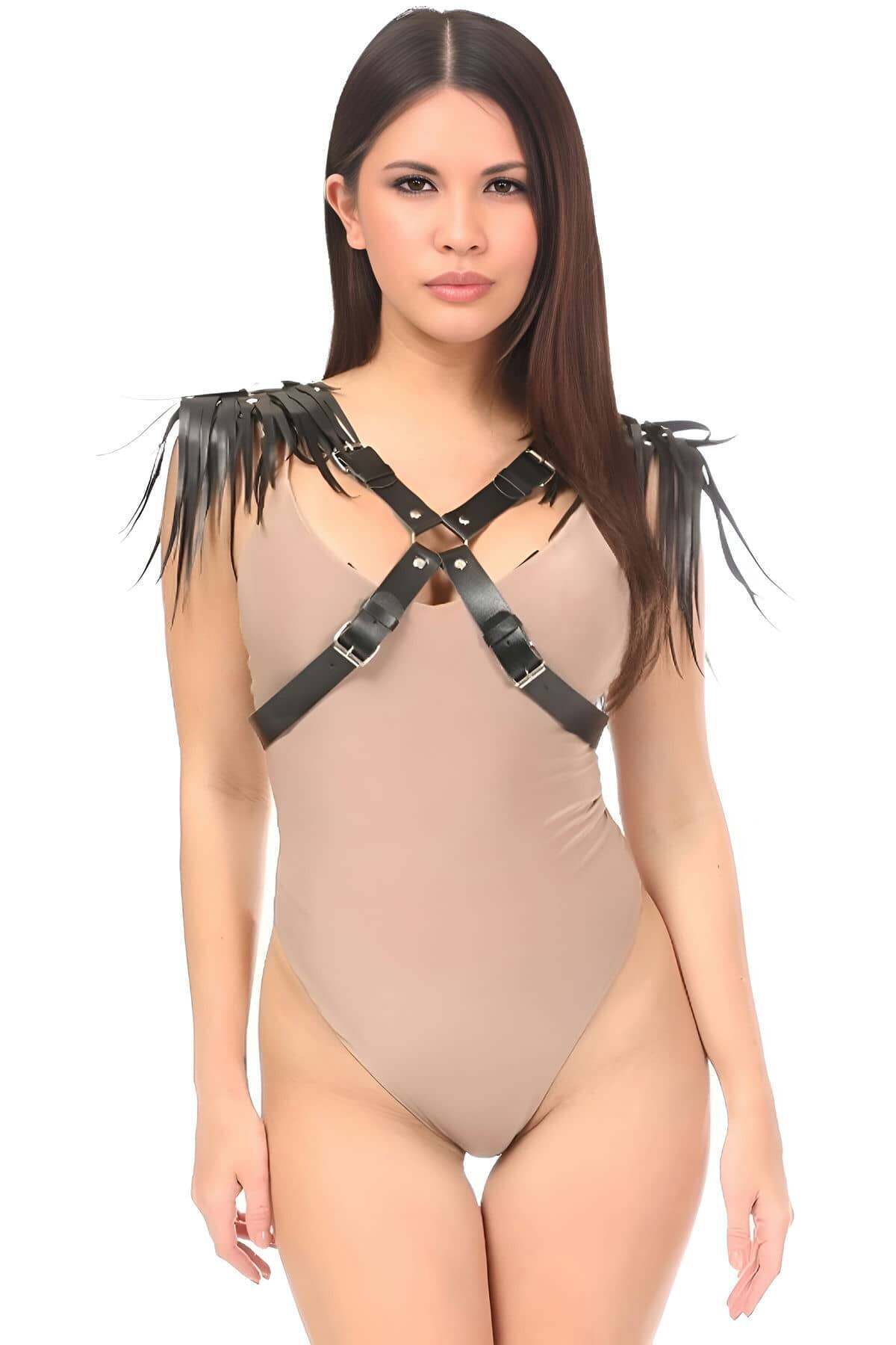 CLZ41 Kadın Omuzdan Püsküllü Göğüs Harness - Ürün Rengi:Siyah