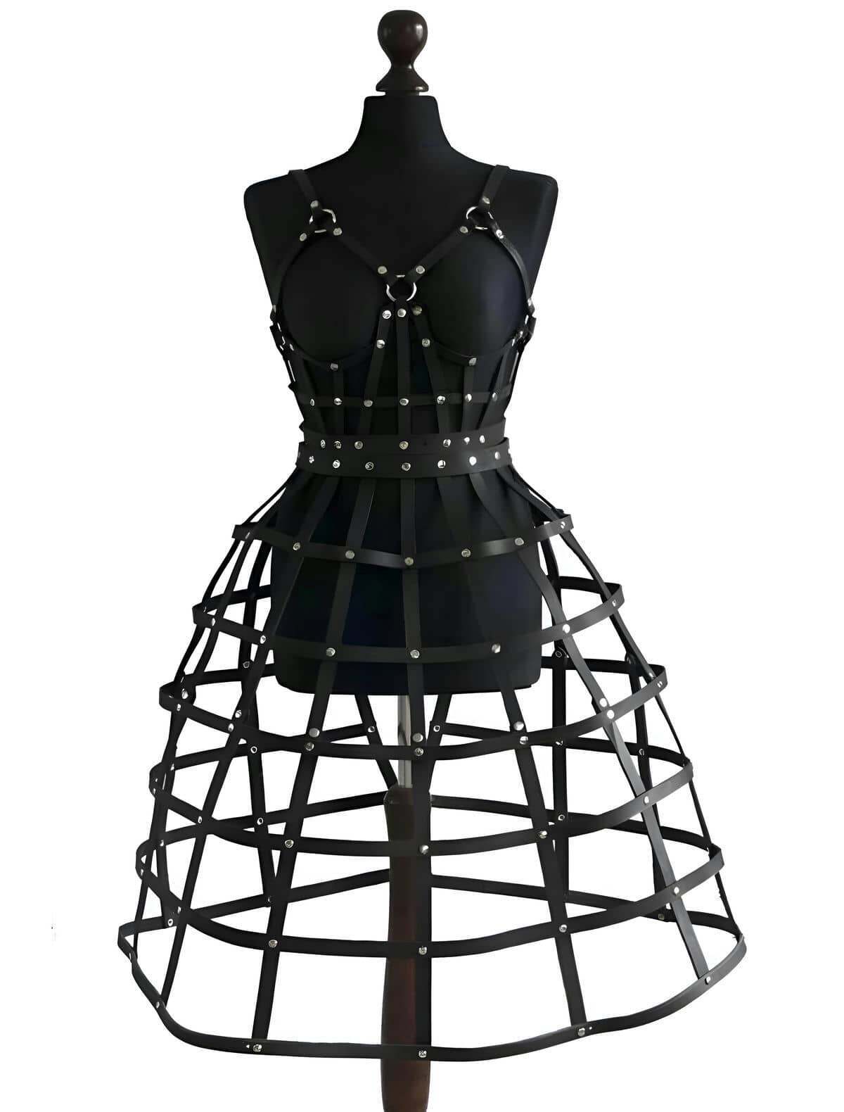 CLZ41 Kafes Tasarımlı Deri Alt ve Üst Takım, Festival Kostümleri - Ürün Rengi:Siyah