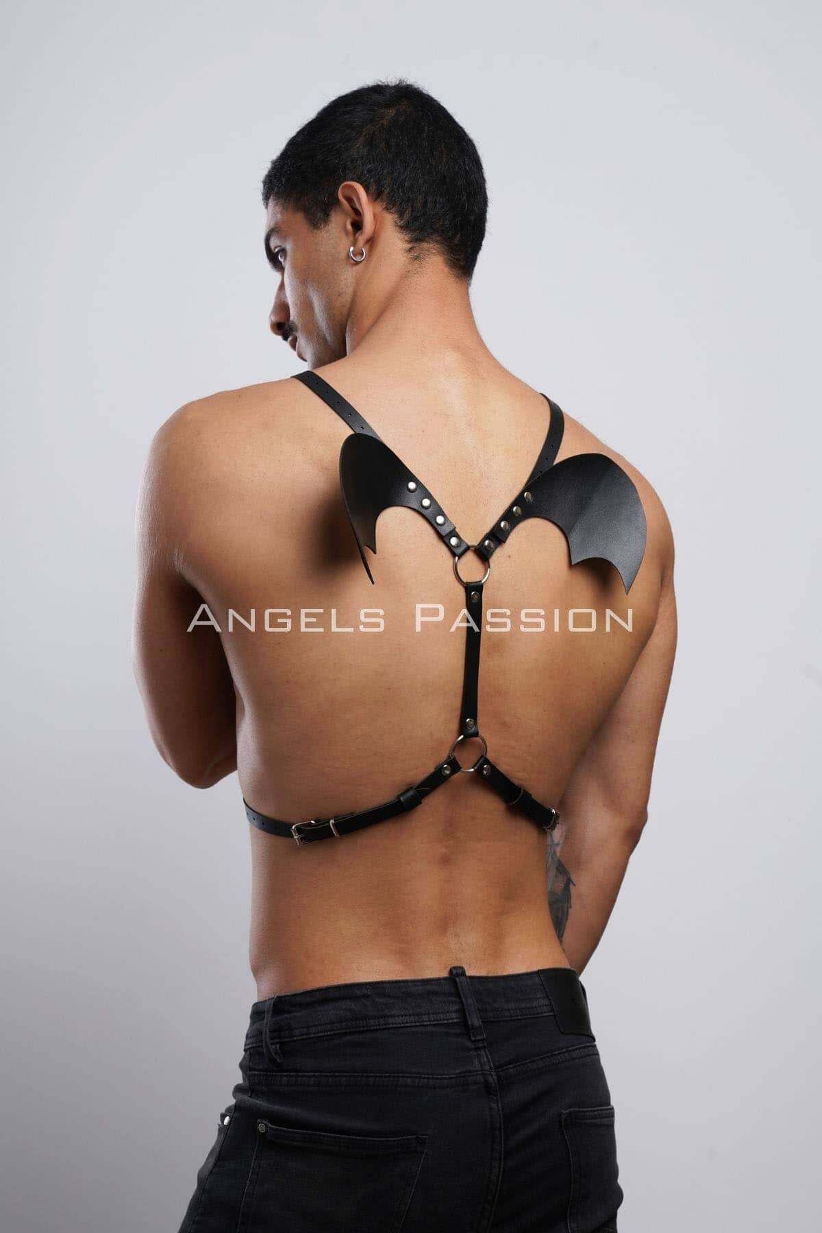 CLZ41 Kanatlı Erkek Harness, Erkek Göğüs Harness ve Kanat Detay, Deri Kanatlı Harness - Ürün Rengi:Siyah