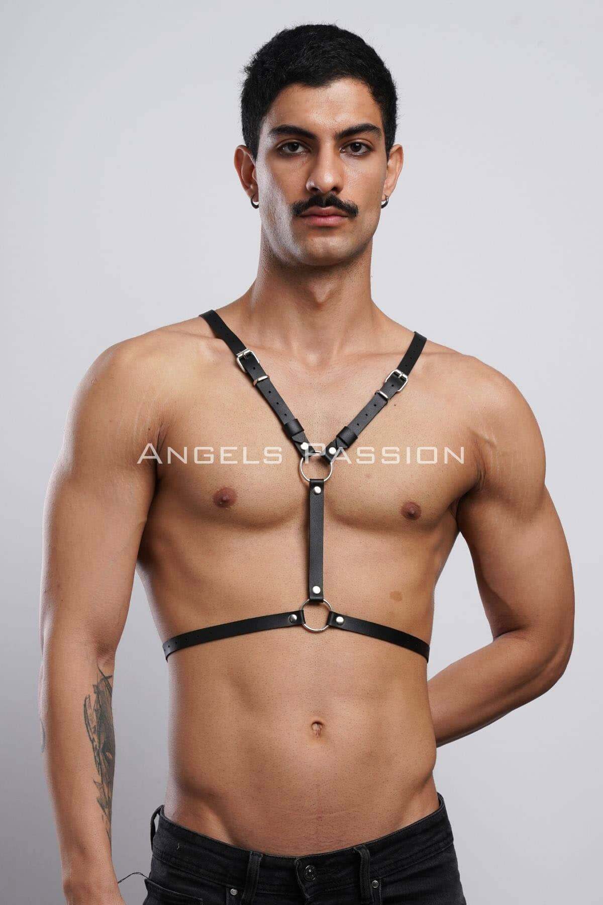 CLZ41 Kanatlı Erkek Harness, Erkek Göğüs Harness ve Kanat Detay, Deri Kanatlı Harness - Ürün Rengi:Siyah