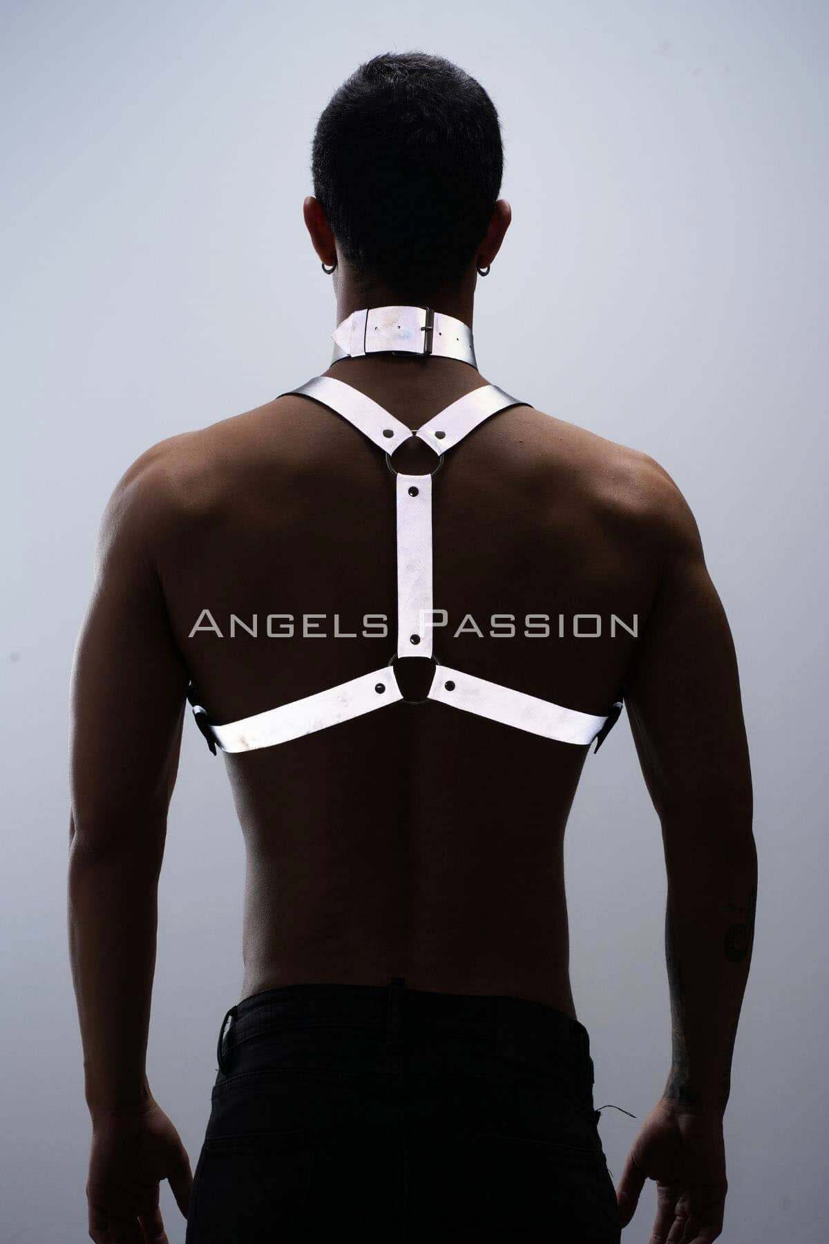 Karanlıkta Parlayan (Reflektörlü) Choker ve Göğüs Harness Takım, Clubwear - Ürün Rengi:Beyaz Reflektör