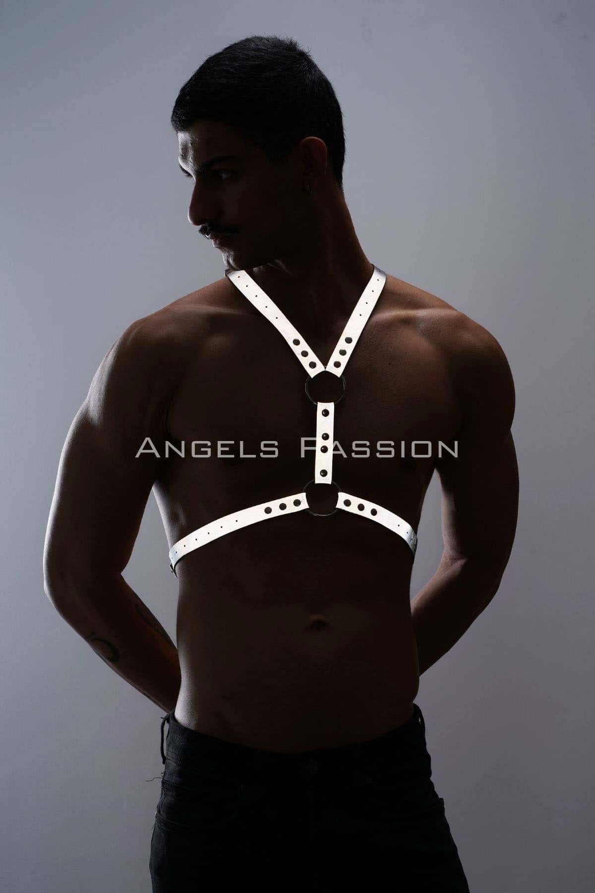 CLZ41 Karanlıkta Parlayan (Reflektörlü) Erkek Göğüs Harness, Erkek Parti Giyim - Ürün Rengi:Beyaz Reflektör