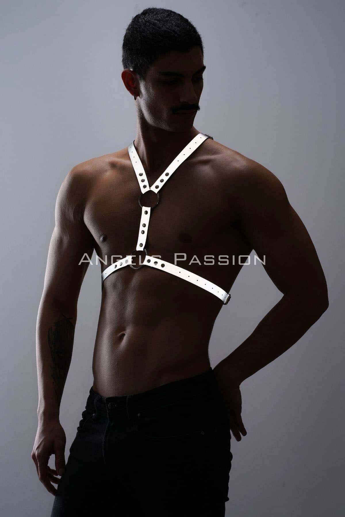 CLZ41 Karanlıkta Parlayan (Reflektörlü) Erkek Göğüs Harness, Erkek Parti Giyim - Ürün Rengi:Beyaz Reflektör