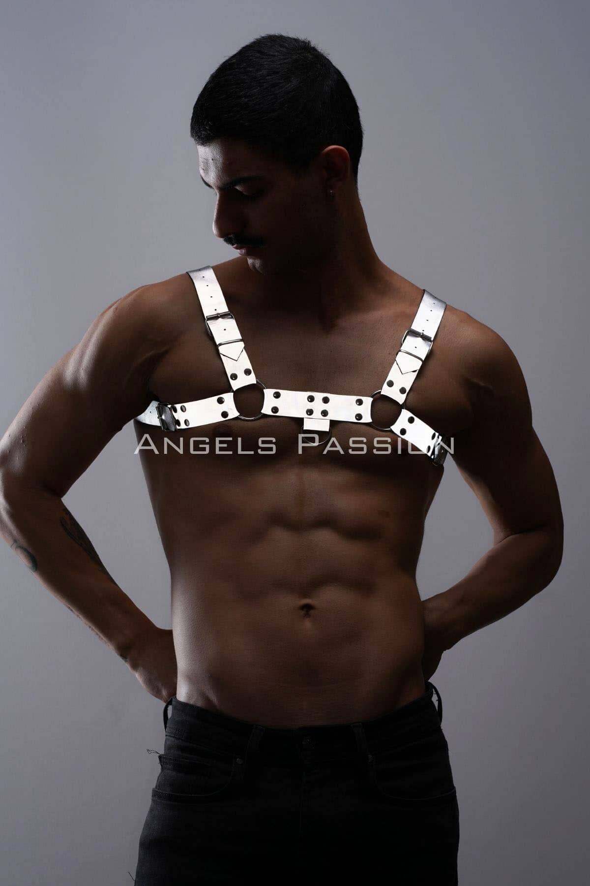 CLZ41 Karanlıkta ParlayanReflektörlü Erkek Göğüs Harness, Erkek Partywear - Ürün Rengi:Beyaz Reflektör