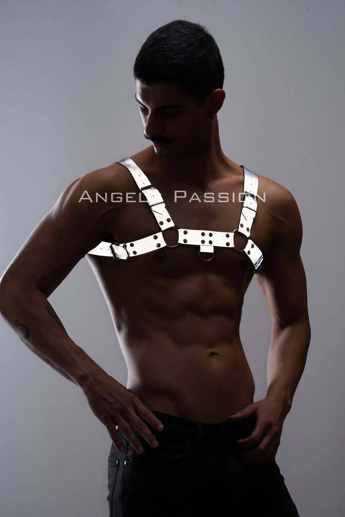 CLZ41 Karanlıkta ParlayanReflektörlü Erkek Göğüs Harness, Erkek Partywear - Ürün Rengi:Beyaz Reflektör