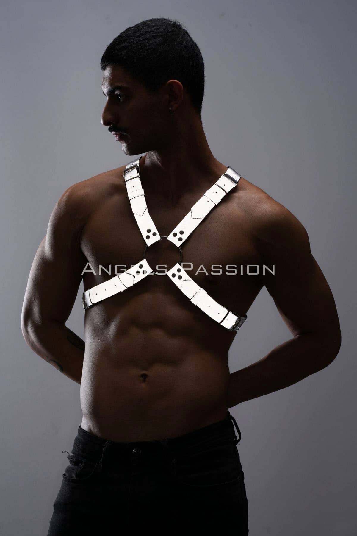CLZ41 Karanlıkta Parlayan (Reflektörlü) Erkek Göğüs Harness, Parti Aksesuar - Ürün Rengi:Beyaz Reflektör