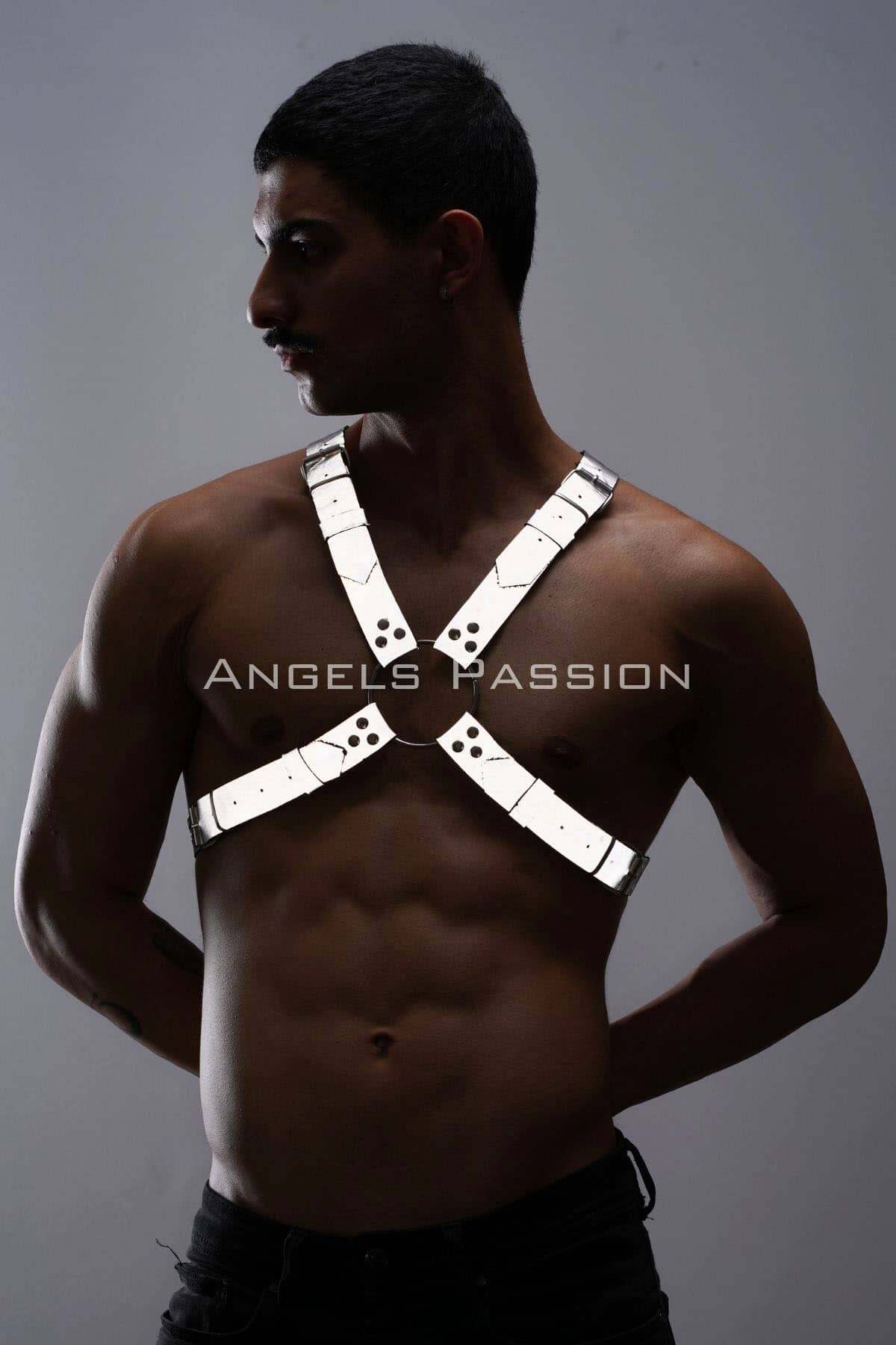 CLZ41 Karanlıkta Parlayan (Reflektörlü) Erkek Göğüs Harness, Parti Aksesuar - Ürün Rengi:Beyaz Reflektör