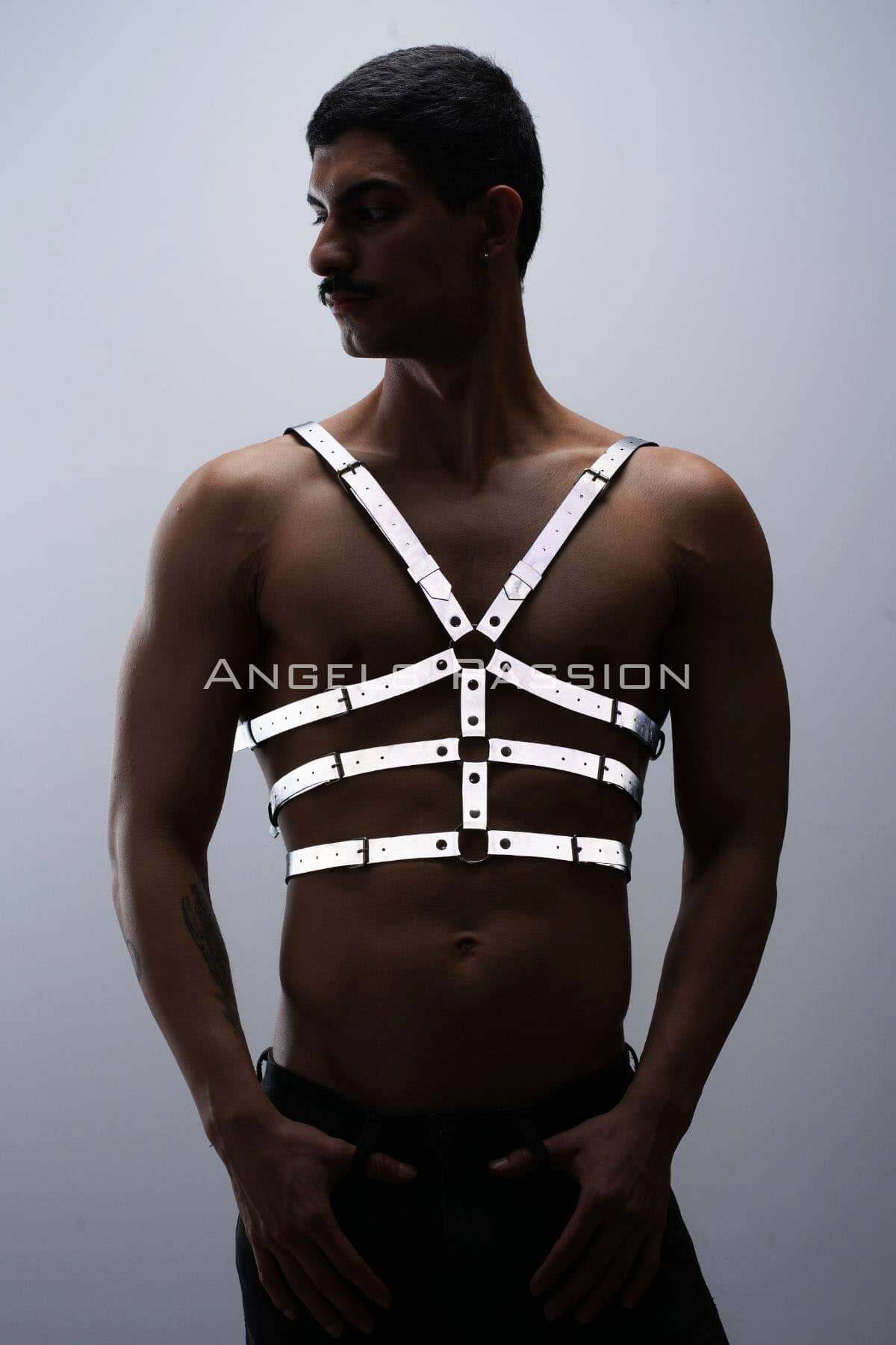 CLZ41 Karanlıkta ParlayanReflektörlü Erkek Göğüs Harness, T-Shirt Üzeri Harness - Ürün Rengi:Beyaz Reflektör