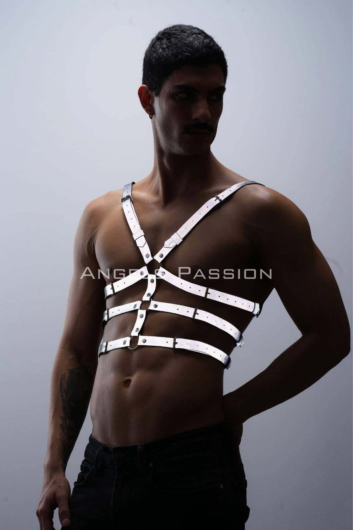 CLZ41 Karanlıkta ParlayanReflektörlü Erkek Göğüs Harness, T-Shirt Üzeri Harness - Ürün Rengi:Beyaz Reflektör