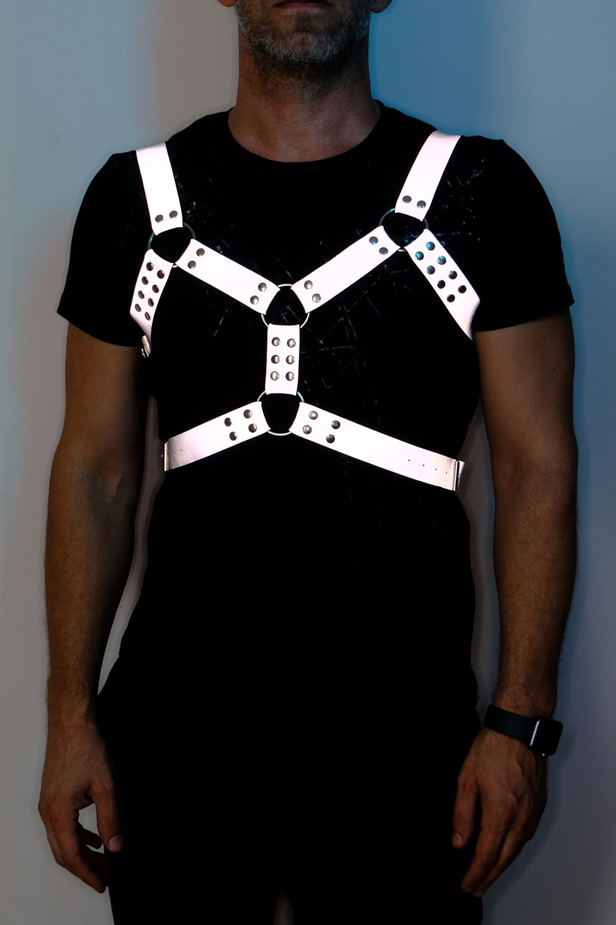CLZ41 Karanlıkta Parlayan Reflektörlü Erkek Harness, Erkek Club Aksesuar, Techno Rave Harness - Ürün Rengi:Beyaz Reflektör