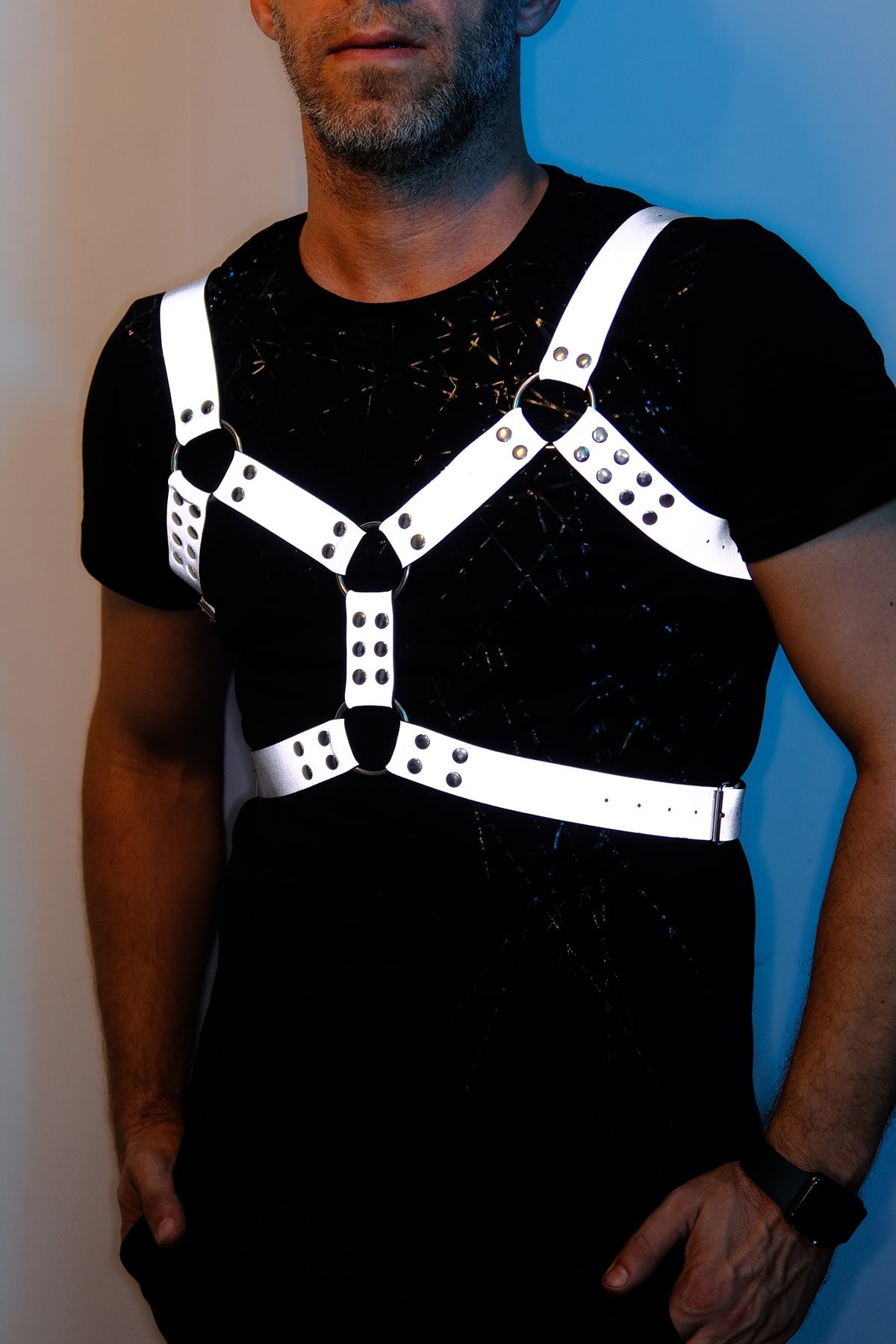 CLZ41 Karanlıkta Parlayan Reflektörlü Erkek Harness, Erkek Club Aksesuar, Techno Rave Harness - Ürün Rengi:Beyaz Reflektör