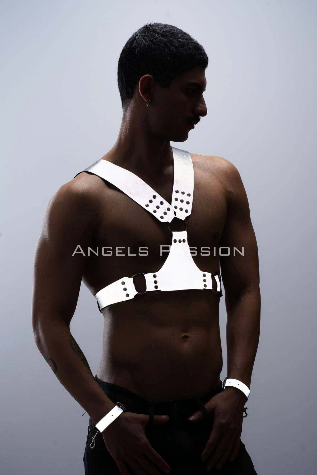CLZ41 Karanlıkta ParlayanReflektörlü Erkek Harness, Kelepçeli Göğüs Harness Takım - Ürün Rengi:Beyaz Reflektör