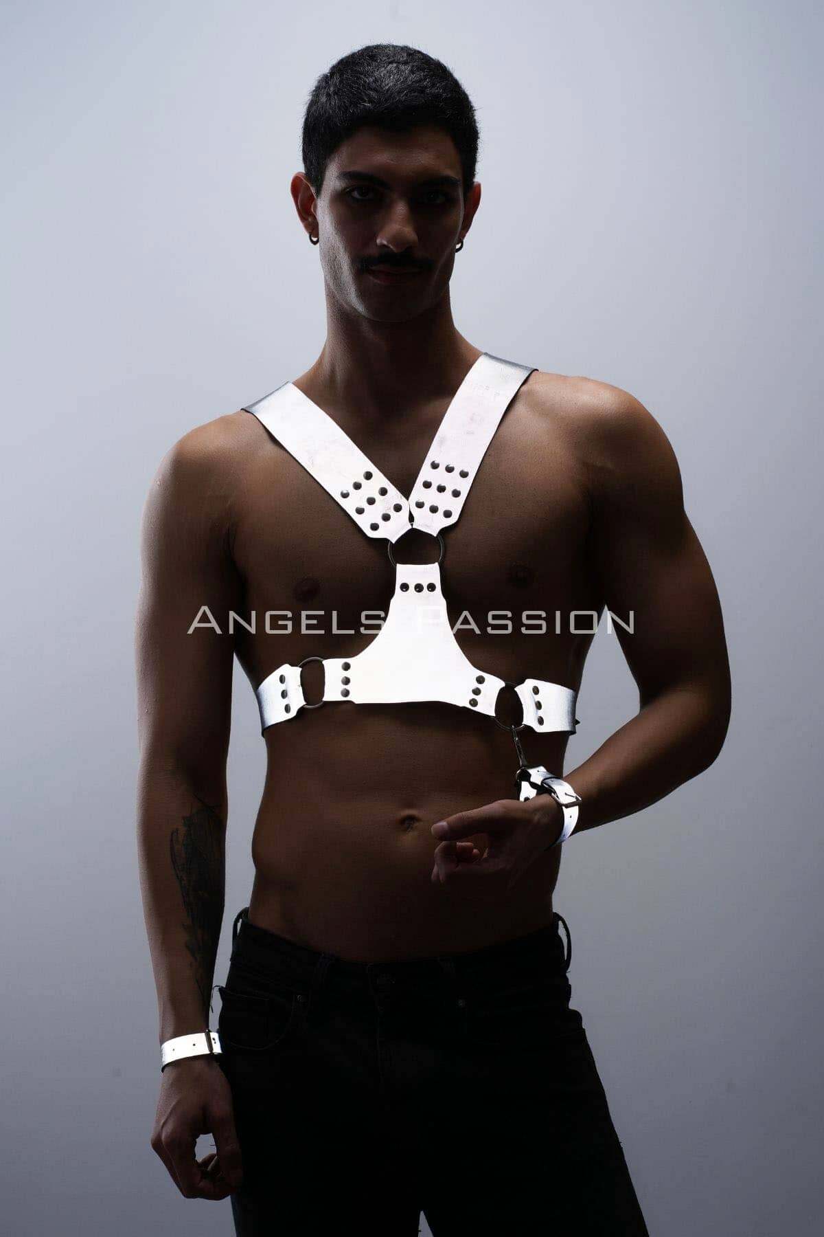 CLZ41 Karanlıkta ParlayanReflektörlü Erkek Harness, Kelepçeli Göğüs Harness Takım - Ürün Rengi:Beyaz Reflektör