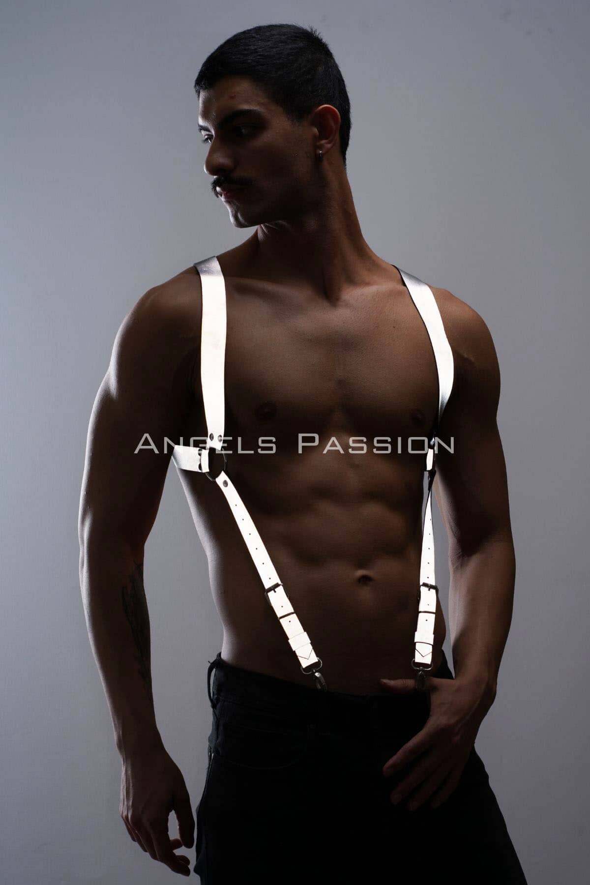 CLZ41 Karanlıkta Parlayan (Reflektörlü) Erkek Pantolon Askısı, Erkek Omuzdan Kemer - Ürün Rengi:Beyaz Reflektör