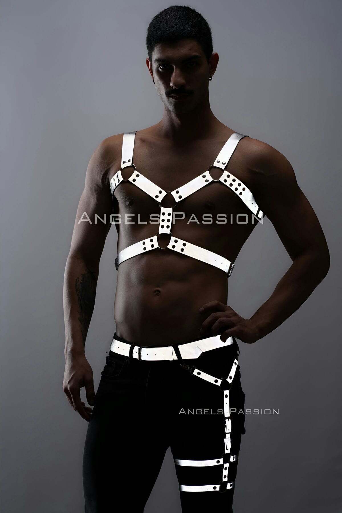 CLZ41 Karanlıkta Yansıyan Reflektörlü Erkek Harness Takım, Erkek Göğüs ve Bacak Harness Takım - Ürün Rengi:Beyaz Reflektör