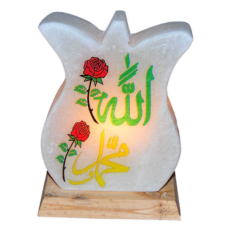 CLZ214 Lale Desenli Allah Muhammed Lafzı Logolu Doğal Kaya Tuzu Lambası Kablolu Ampullü Beyaz 2-3 Kg