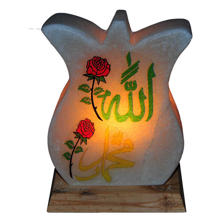 CLZ214 Lale Desenli Allah Muhammed Lafzı Logolu Doğal Kaya Tuzu Lambası Kablolu Ampullü Beyaz 2-3 Kg