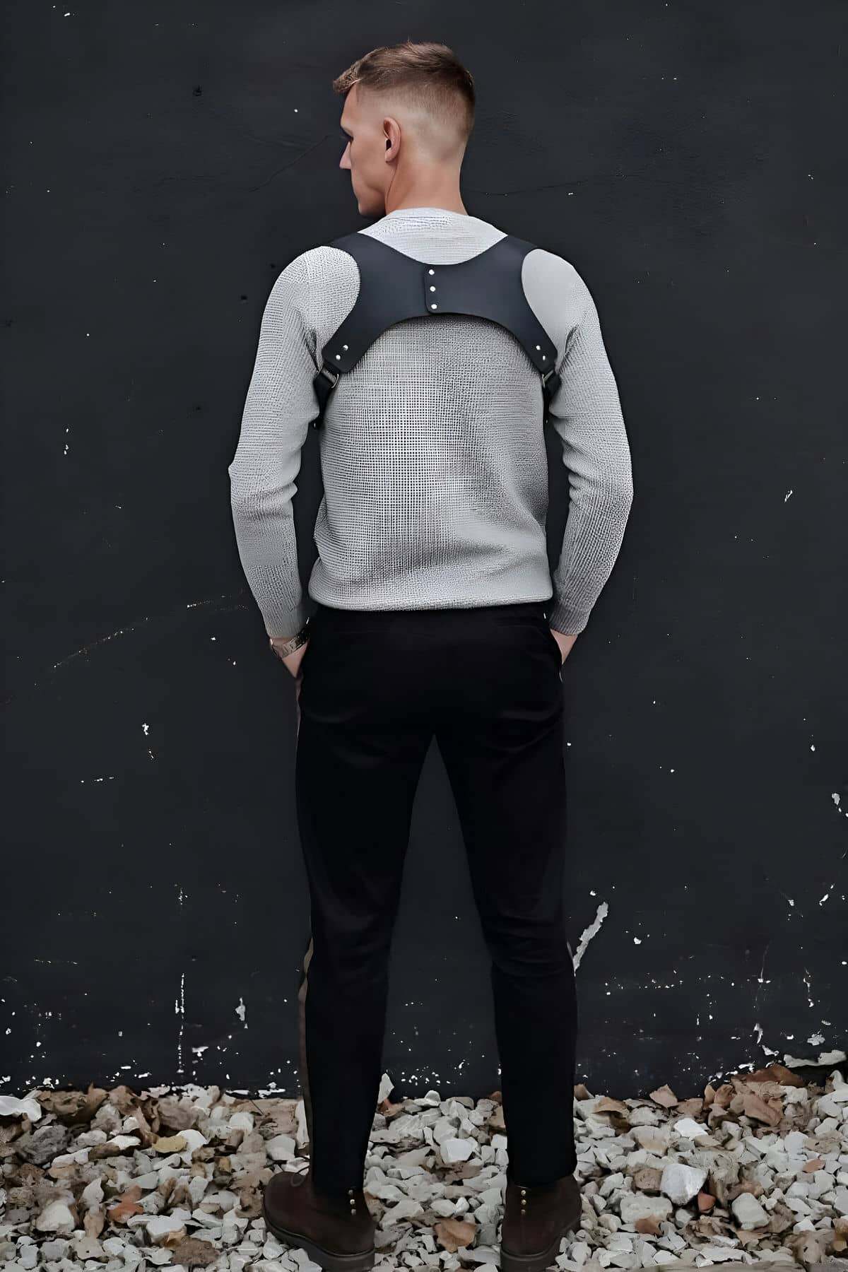 CLZ41 Omuz Detaylı Şık Erkek Deri Harness, Erkek Gömlek Üzeri Aksesuar - Ürün Rengi:Siyah
