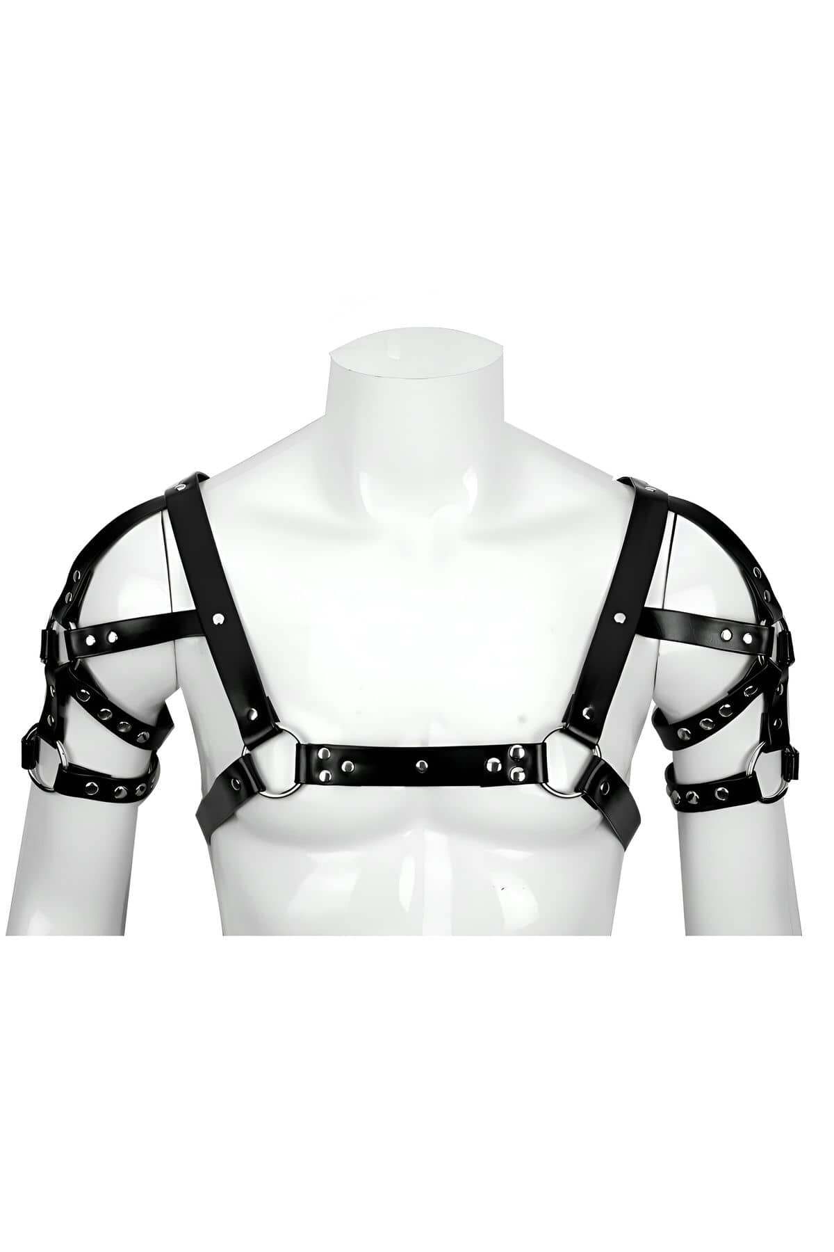 CLZ41 Omuz ve Kol Detaylı Şık Deri Erkek Harness, Erkek Club Giyim - Ürün Rengi:Siyah