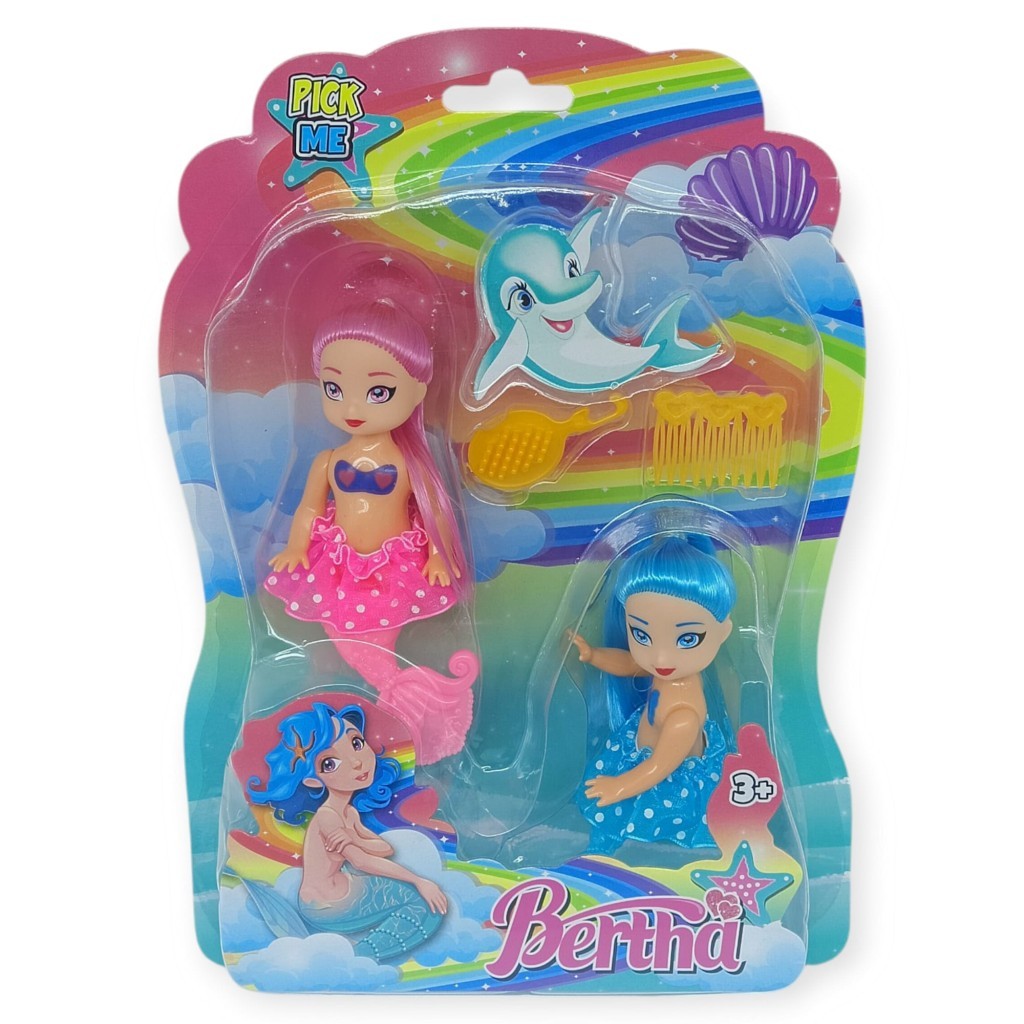 2'li Deniz Kızı Bebek Seti - Hareketli Eklemler ve Aksesuarlı - Pembe & Mavi - 1 ADET