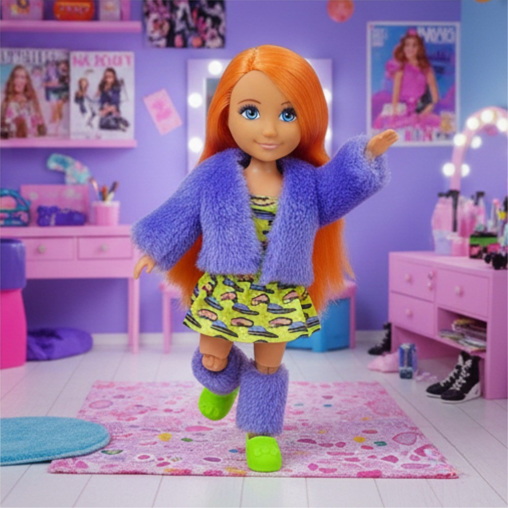 Moda İkonu Bebek Figür 13 cm  - Turuncu Saçlı Neon Şıklık - 1 ADET