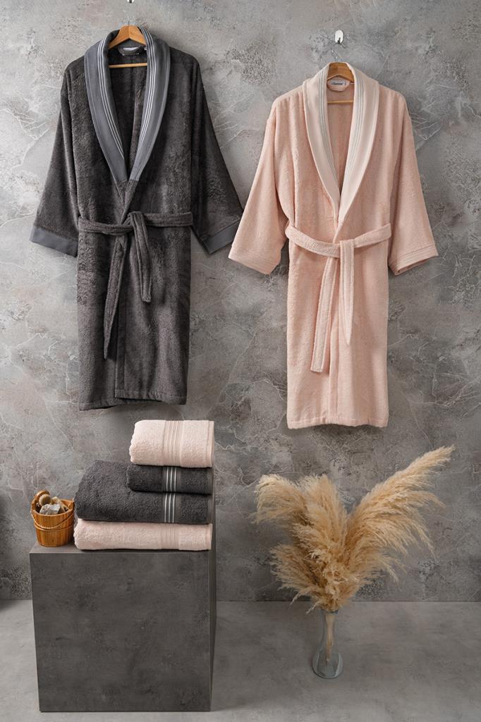 Bambu Bornoz Seti Flame Gris Peach Bambu Bornoz Seti Flame Gris Peach