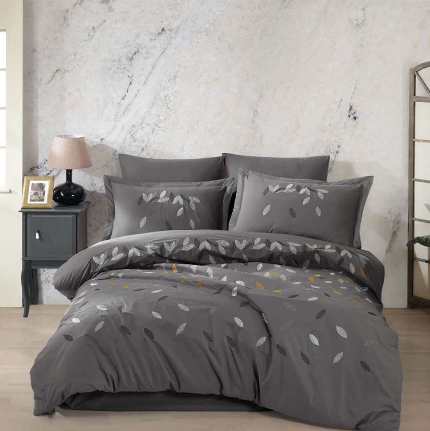 Çift Kişilik Poplin Premium Nakışlı Nevresim Lidia Gri