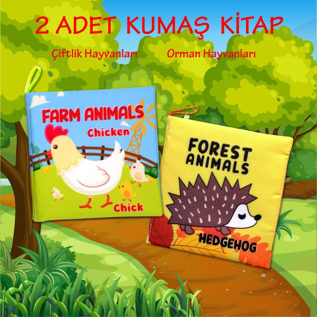 CLZ247 2 Kitap  İngilizce Çiftlik Hayvanları ve Orman Hayvanları Kumaş Sessiz Kitap