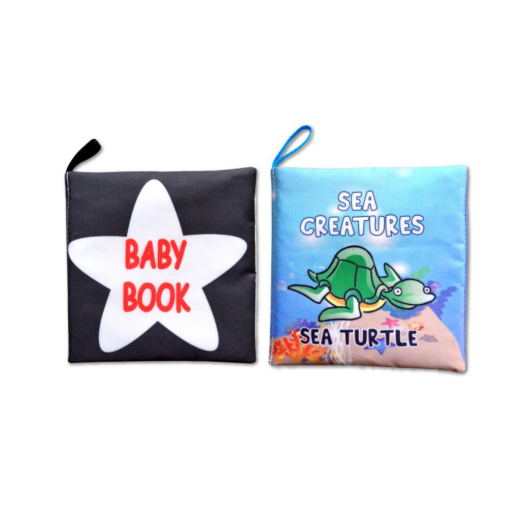CLZ247 2 Kitap  İngilizce Siyah-Beyaz Bebek ve Deniz Canlıları Kumaş Sessiz Kitap