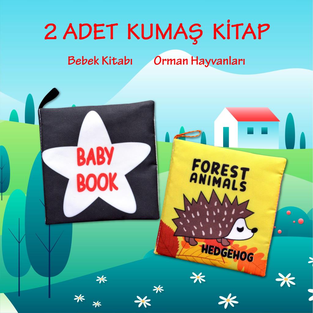 CLZ247 2 Kitap  İngilizce Siyah-Beyaz Bebek ve Orman Hayvanları Kumaş Sessiz Kitap