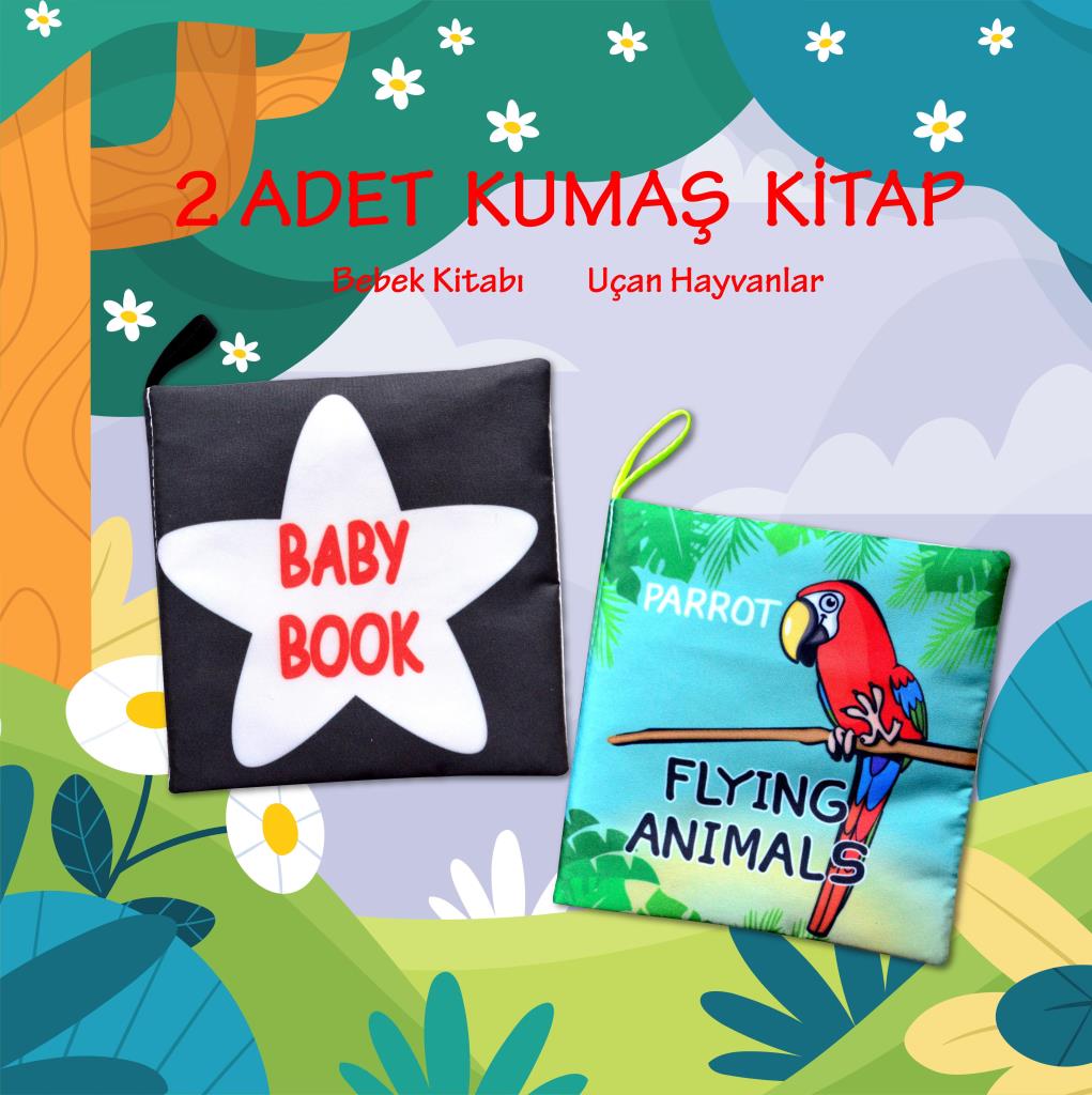 CLZ247 2 Kitap  İngilizce Siyah-Beyaz Bebek ve Uçan Hayvanlar Kumaş Sessiz Kitap