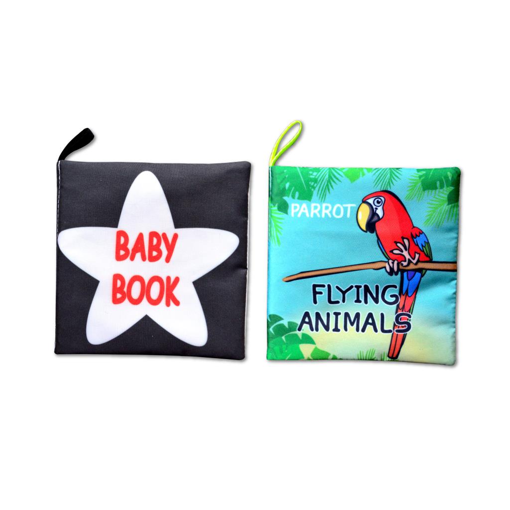 CLZ247 2 Kitap  İngilizce Siyah-Beyaz Bebek ve Uçan Hayvanlar Kumaş Sessiz Kitap
