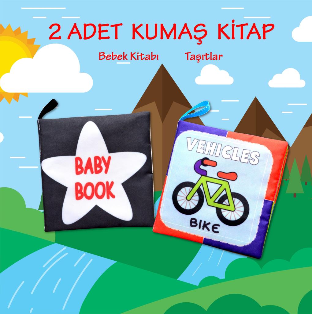 CLZ247 2 Kitap  İngilizce Siyah-Beyaz Bebek ve Taşıtlar Kumaş Sessiz Kitap