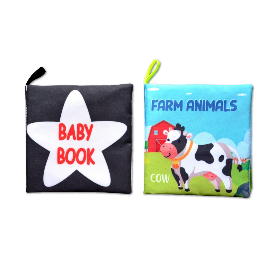 CLZ247 2 Kitap  İngilizce Siyah-Beyaz Bebek ve Çiftlik Hayvanları Kumaş Sessiz Kitap