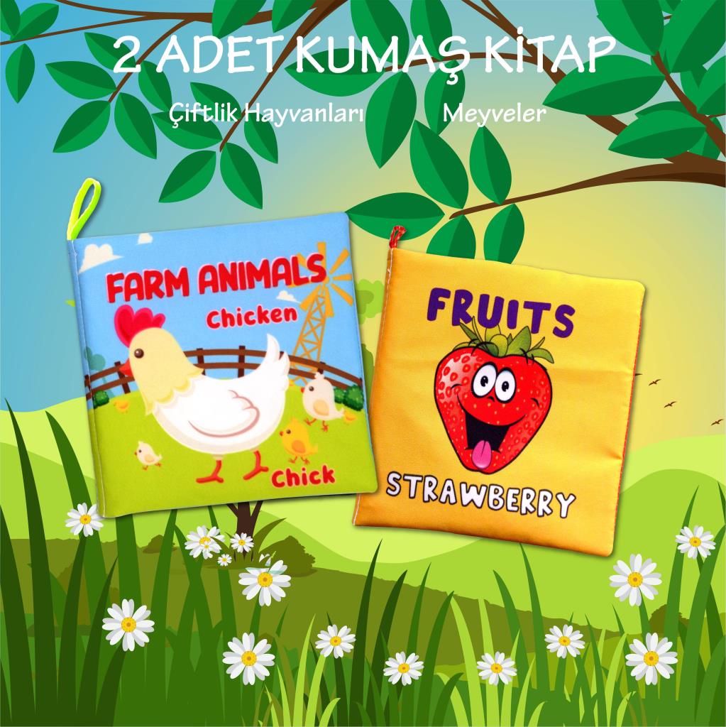CLZ247 2 Kitap  İngilizce Çiftlik Hayvanları ve Meyveler Kumaş Sessiz Kitap