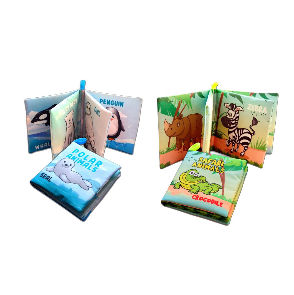 CLZ247 2 Kitap  İngilizce Kutup Hayvanları ve Safari Hayvanları Kumaş Sessiz Kitap