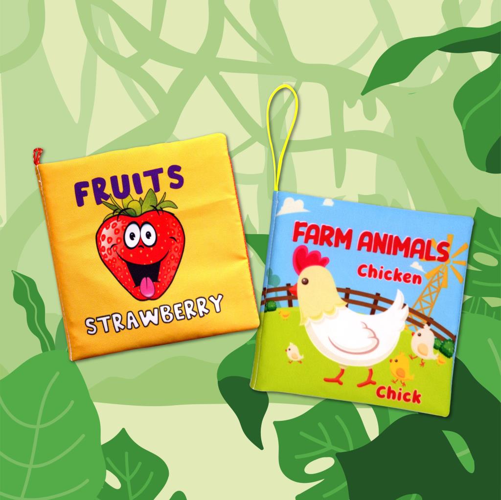 CLZ247 2 Kitap  İngilizce Meyveler ve Çiftlik Hayvanları Kumaş Sessiz Kitap