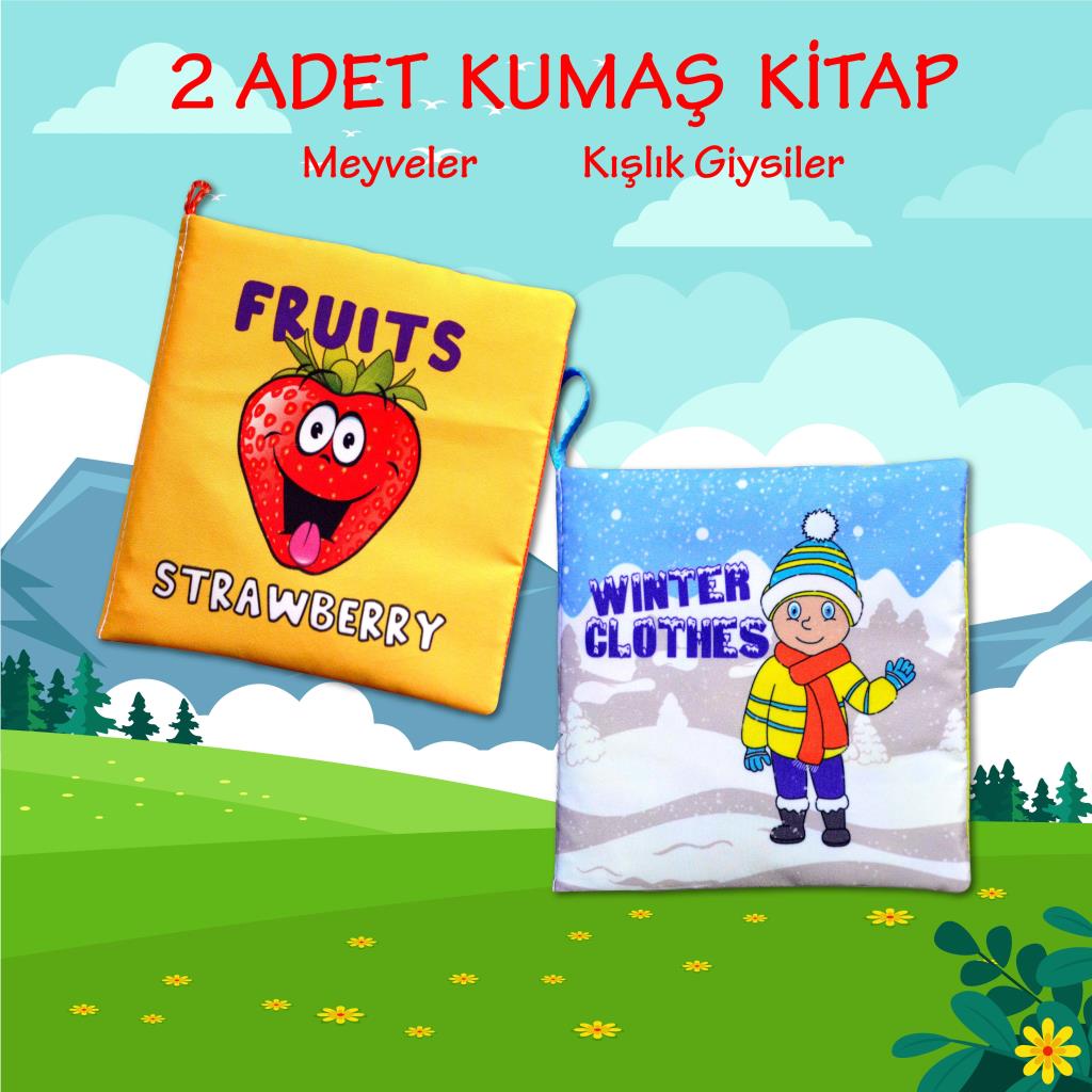 CLZ247 2 Kitap  İngilizce Meyveler ve Kışlık Giysiler Kumaş Sessiz Kitap